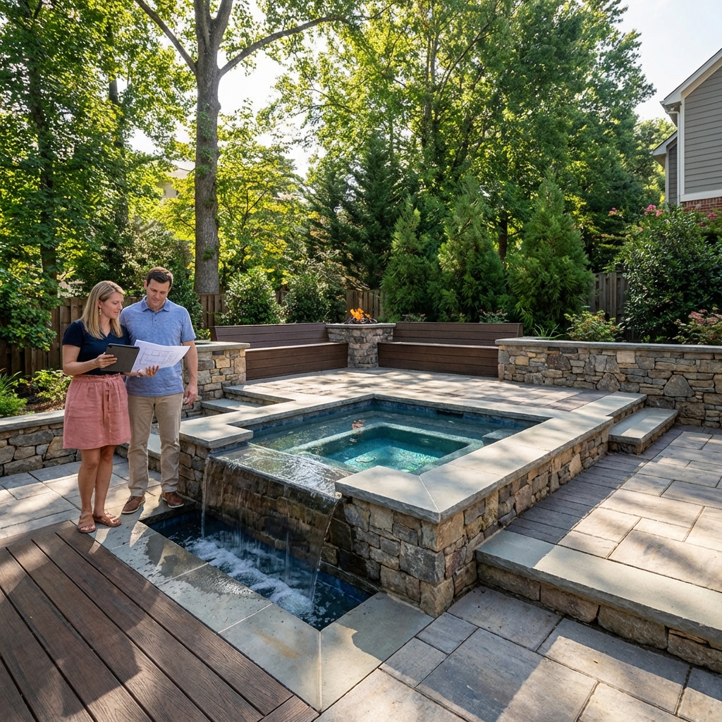 Luxury spa installation with travertine decking in a compact backyard setting