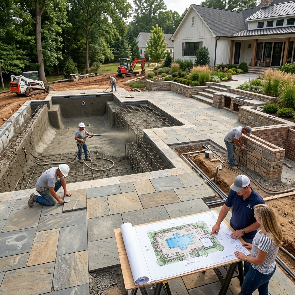 Pool and hardscape construction underway with crews coordinating shotcrete, paver installation, and design plans on site