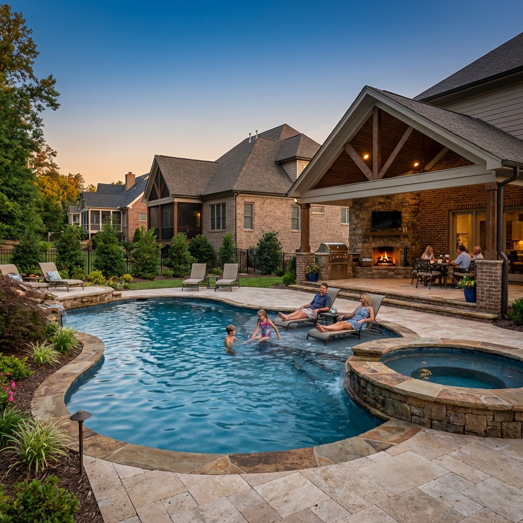 Custom freeform pool with integrated spa and stone decking in a Winston-Salem backyard at dusk