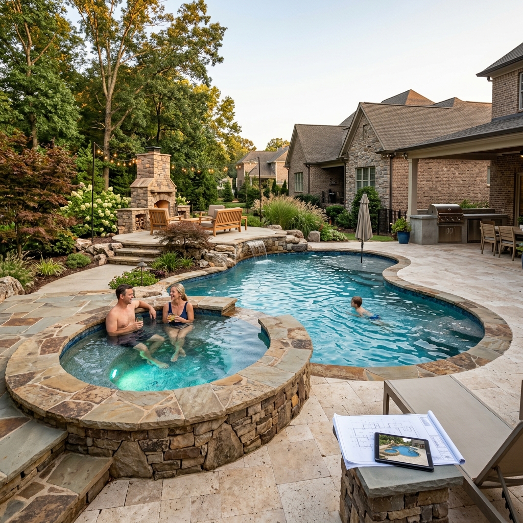 Custom pool with integrated stone spa and outdoor fireplace in a Winston-Salem backyard at golden hour