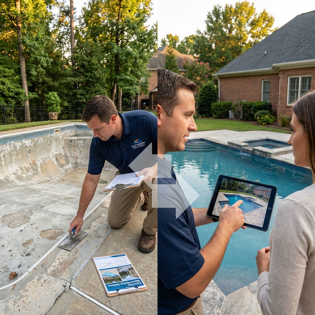 Pool resurfacing specialist examining surface materials and finish samples for a concrete pool renovation