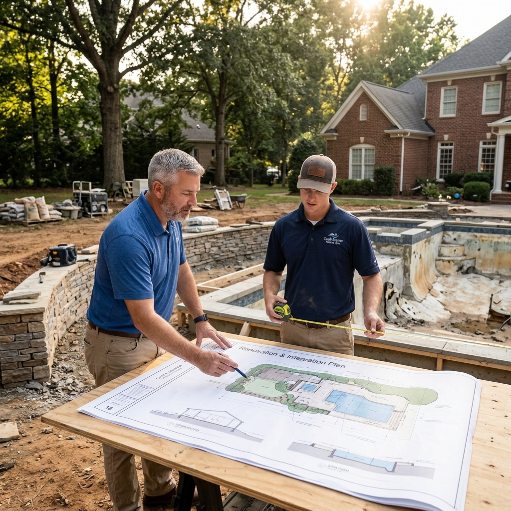 Craft Master designer and project lead reviewing a custom pool renovation plan on site in Charlotte