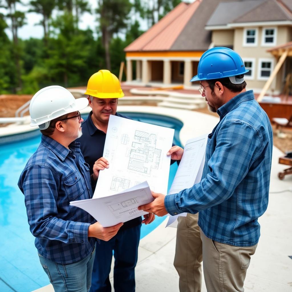 Pool contractor team reviewing blueprints at a residential construction site