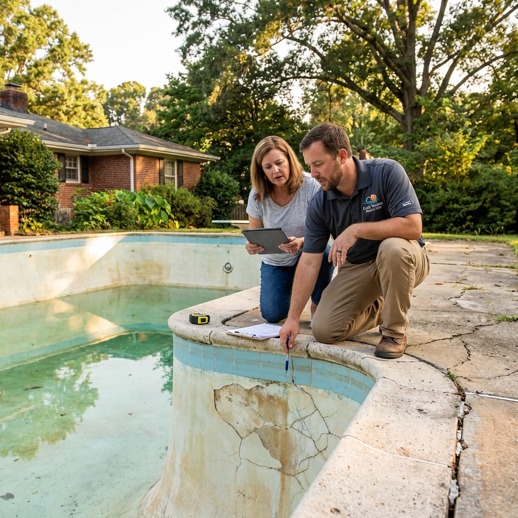 Aging pool showing visible plaster cracks and deck deterioration