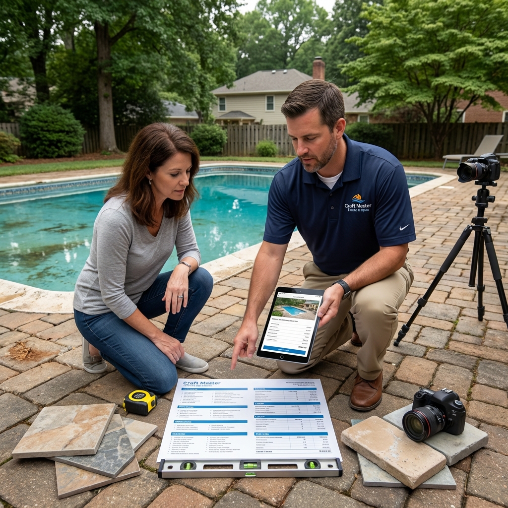 Professional pool contractor conducting a detailed site assessment for renovation planning