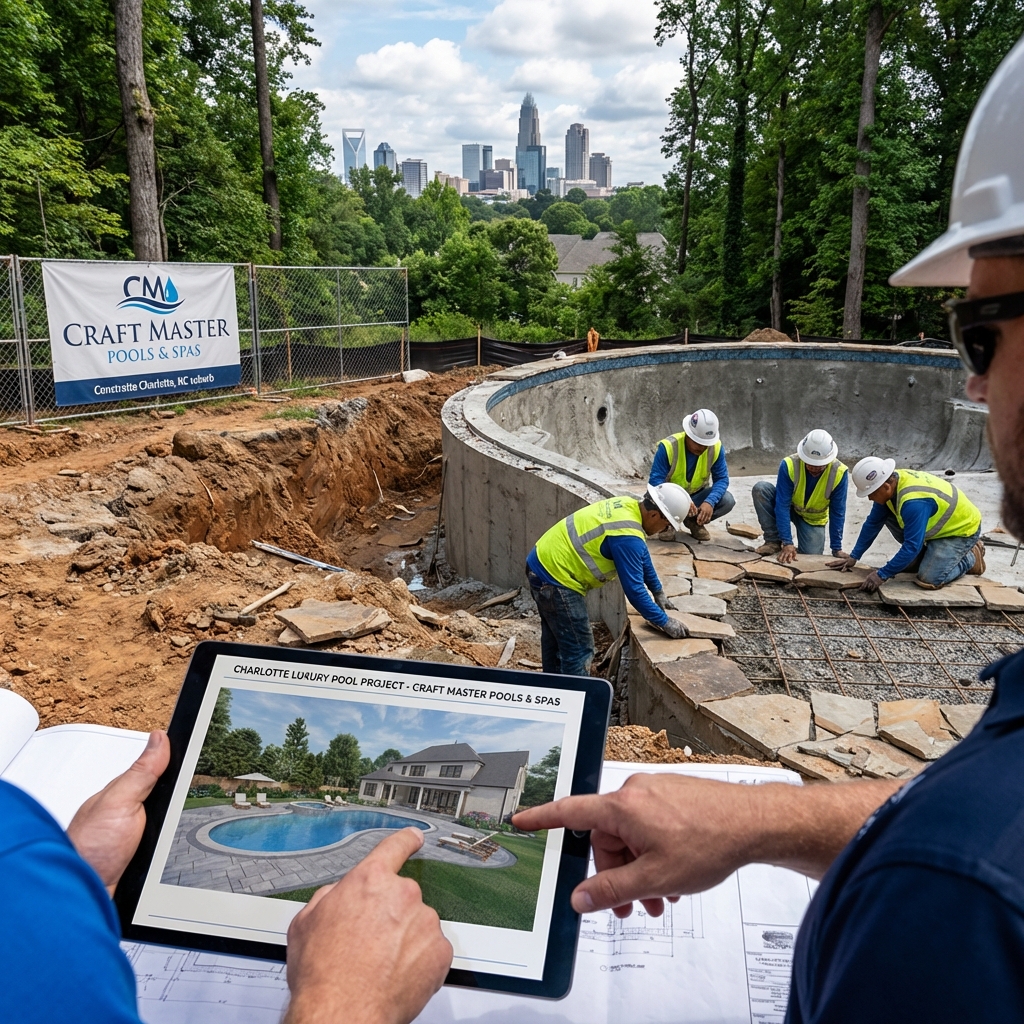 Luxury pool construction with premium finishes and integrated spa features