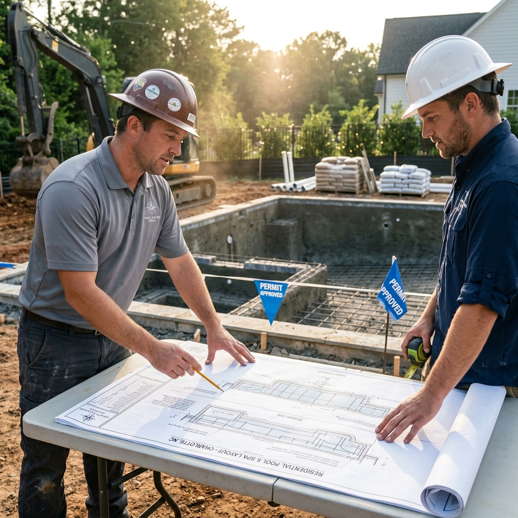 Two Craft Master Pools project leads reviewing engineered pool layout drawings on-site at a Charlotte residential excavation with permit flags posted