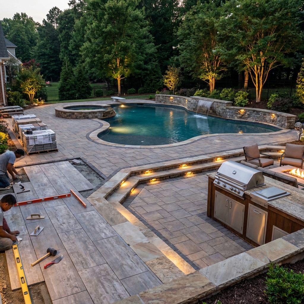 Homeowners reviewing custom pool design concepts, finish samples, and backyard layout options with a Craft Master Pools designer during an outdoor consultation