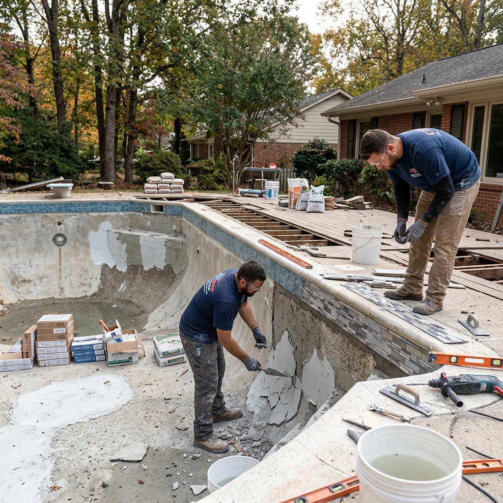 Craft Master crew replacing tile and removing failed plaster during a Winston-Salem pool renovation