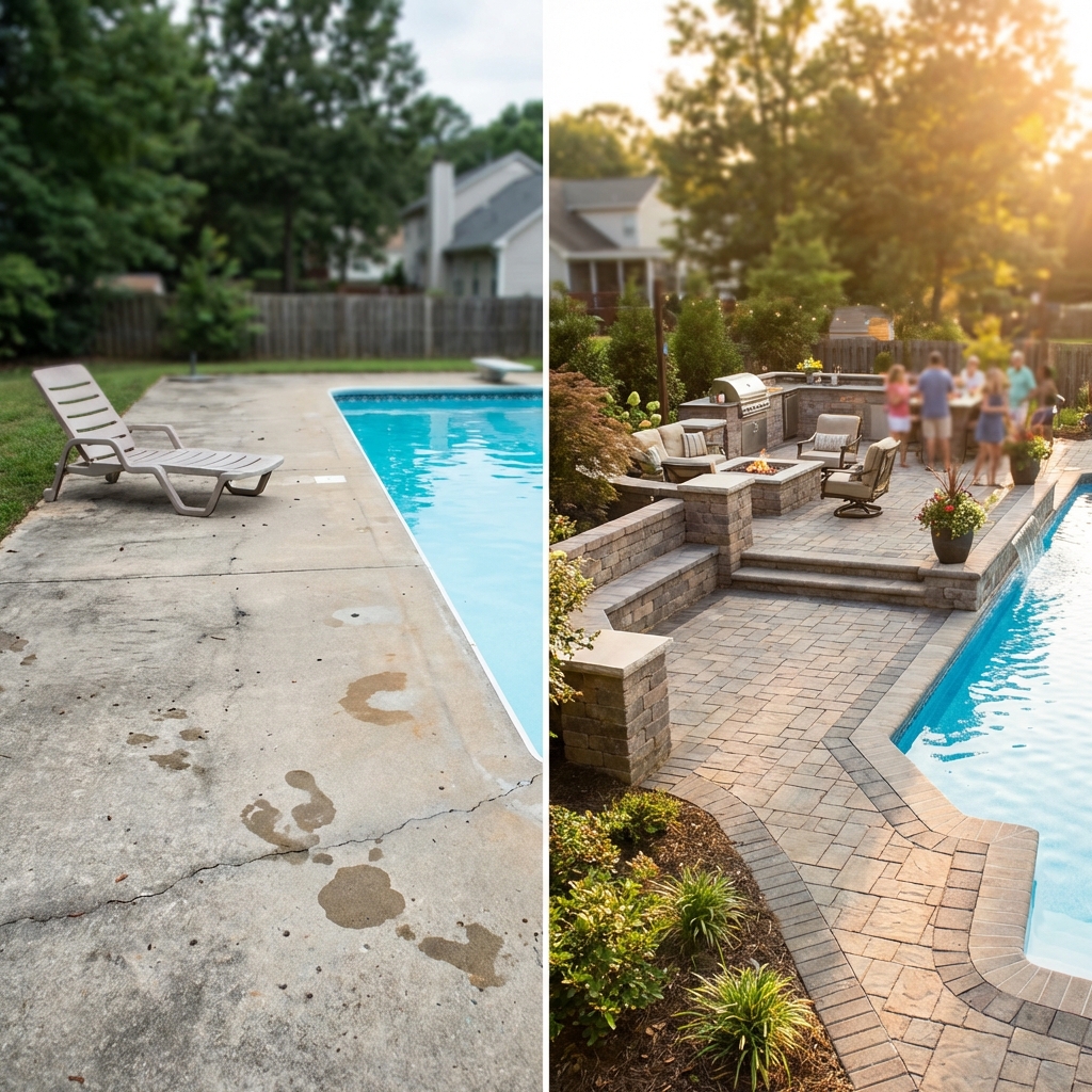 Luxury hardscaped pool patio with natural stone pavers and integrated seating areas