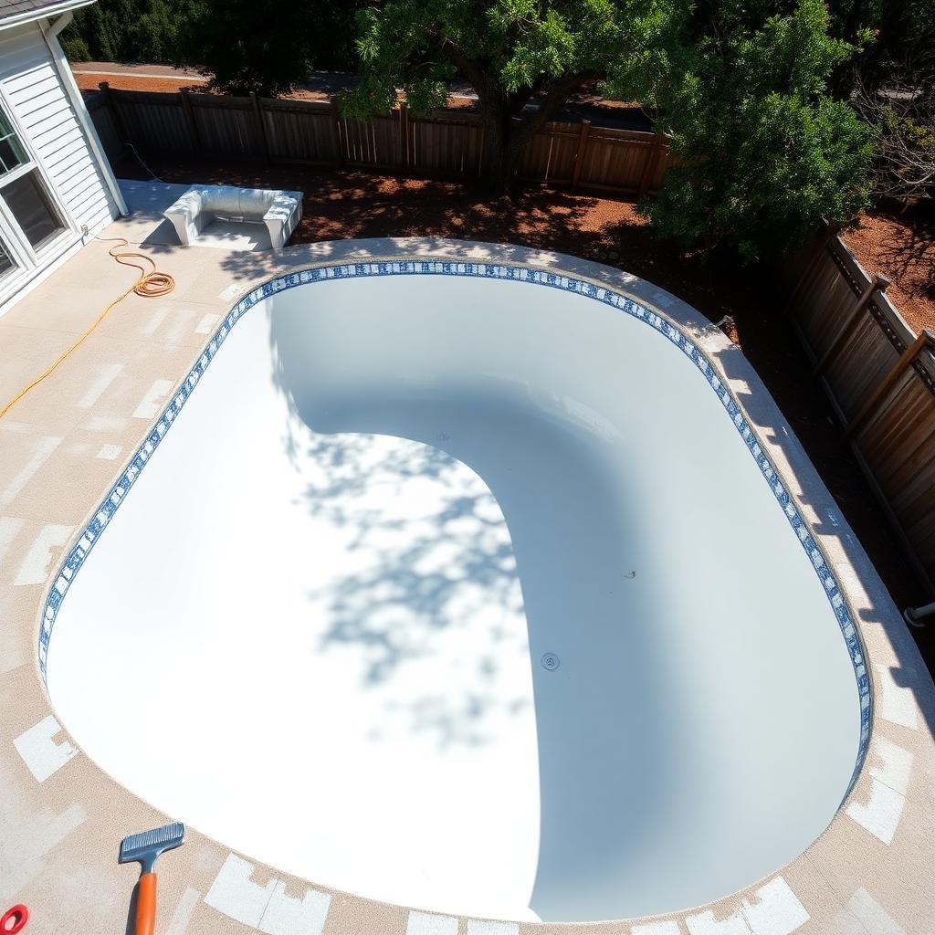 Professional pool resurfacing work in progress with quartz pebble finish application