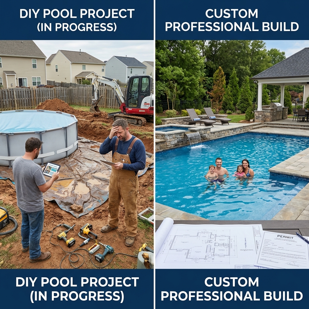 Professional pool construction site showing reinforced concrete and proper excavation techniques