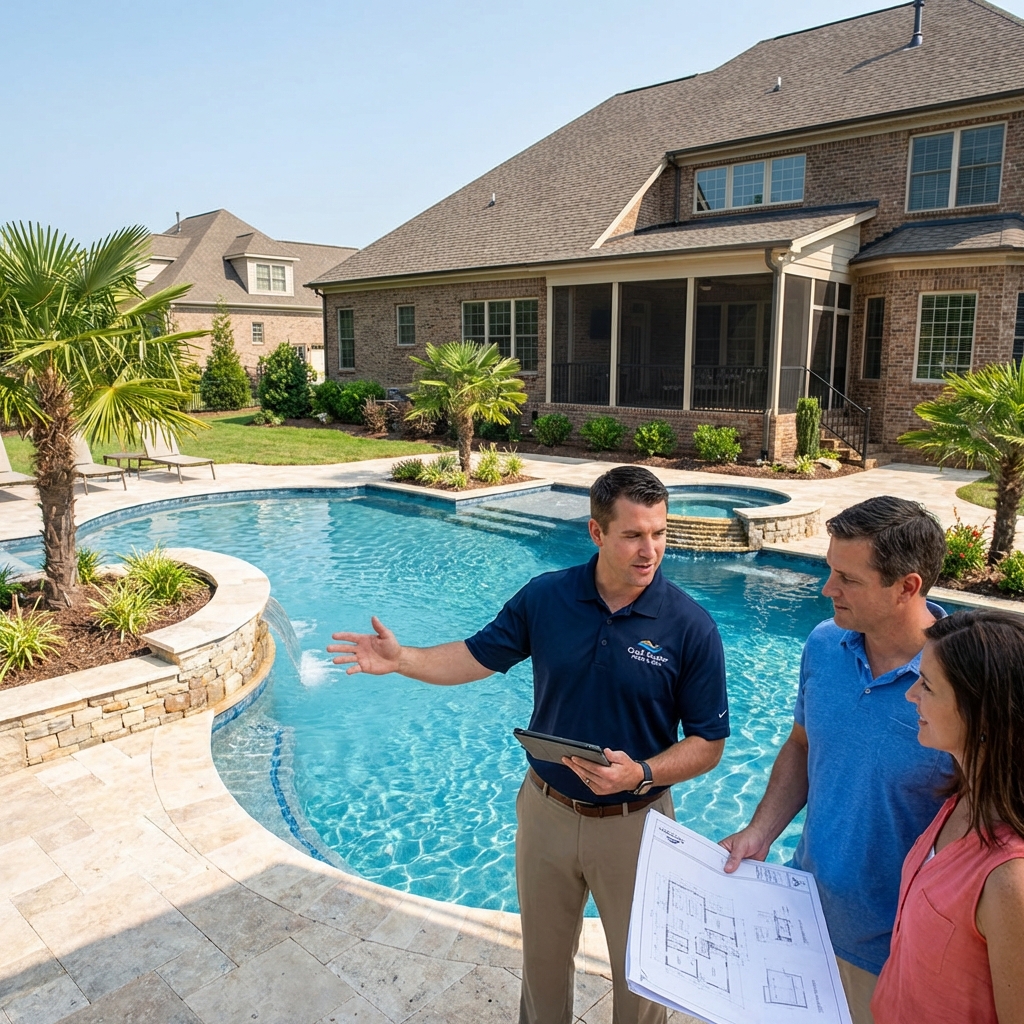 Pool contractor consulting with Charlotte homeowners poolside with blueprints