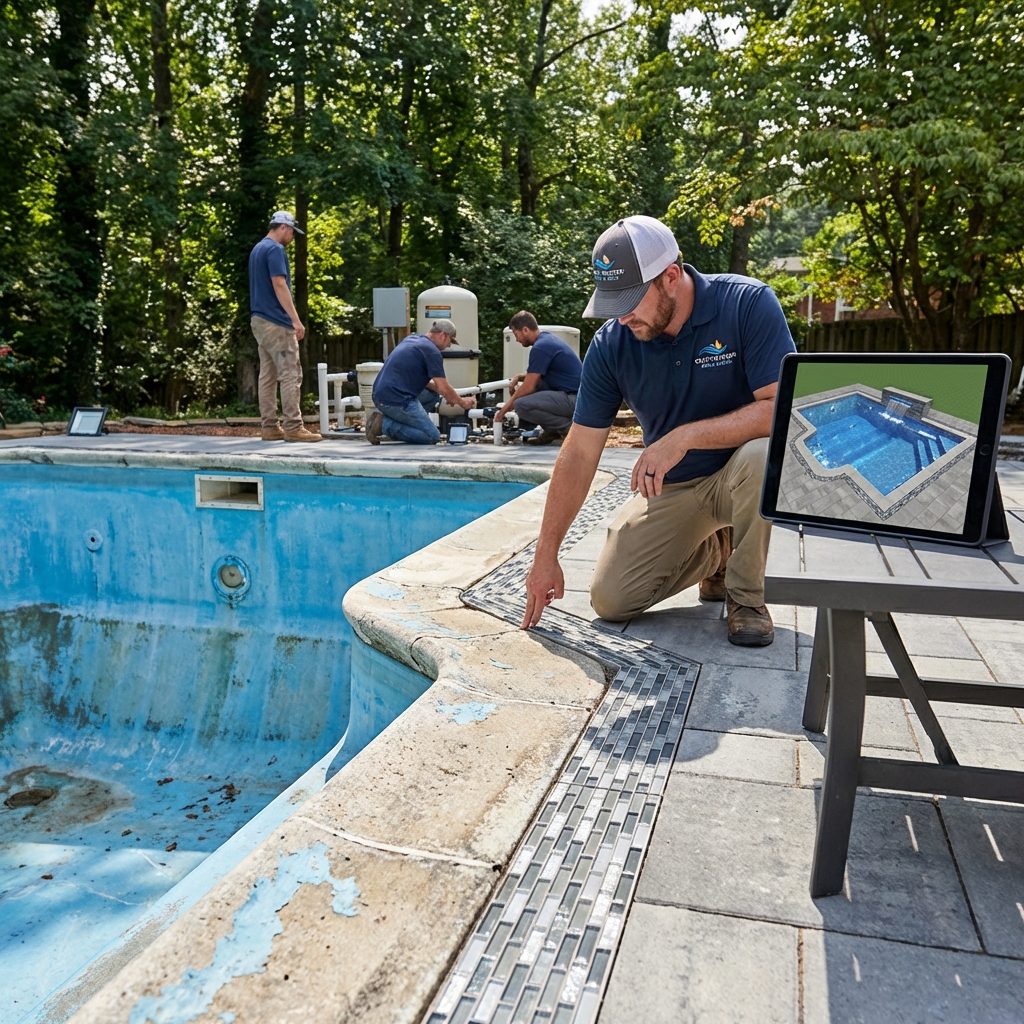 Modern fiberglass pool renovation with updated surface and contemporary design