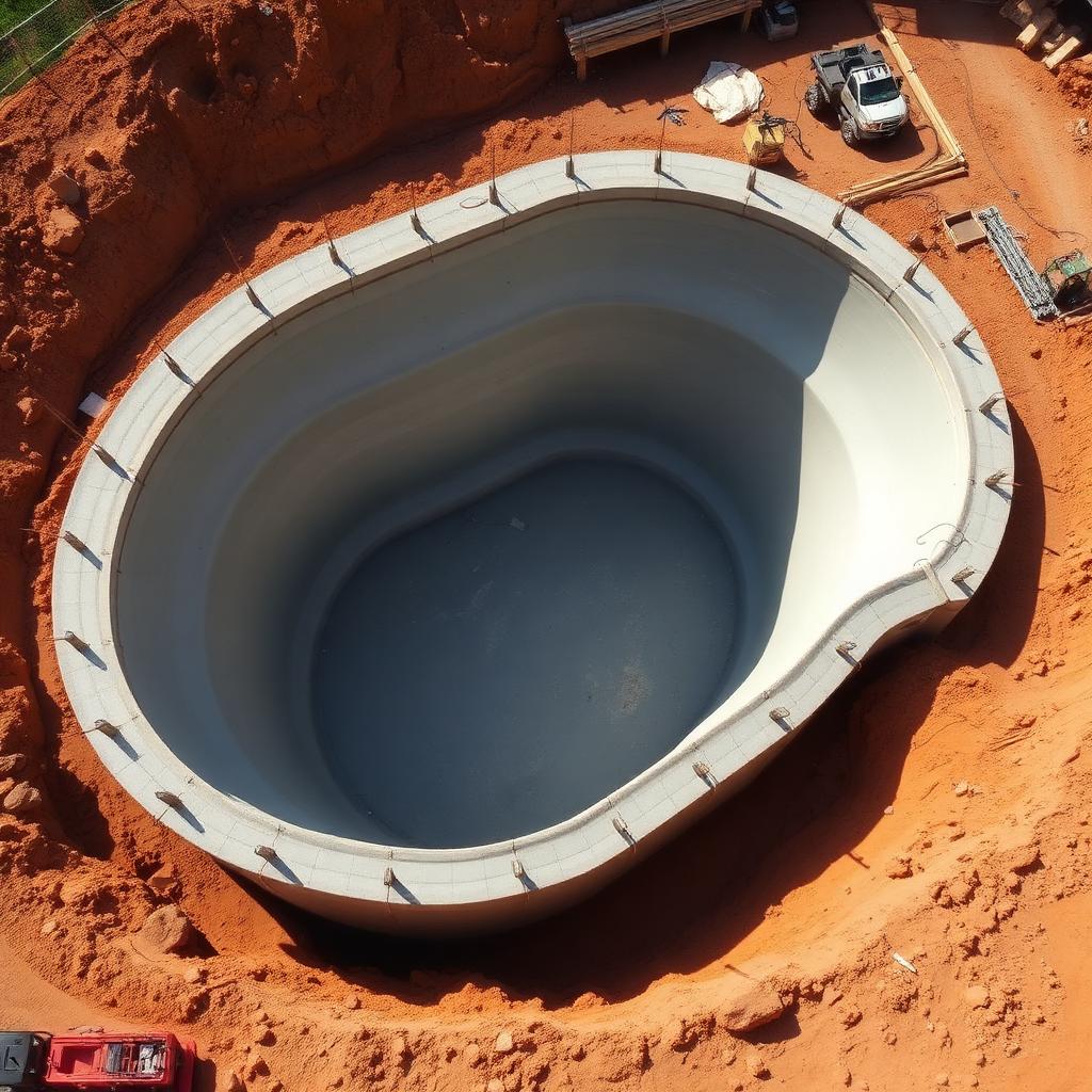 Luxury pool construction with reinforced steel framework and professional builders at work