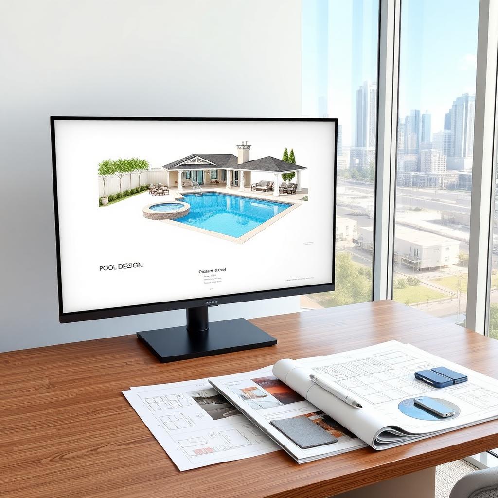 3D pool design rendering displayed on a monitor with blueprints and material samples