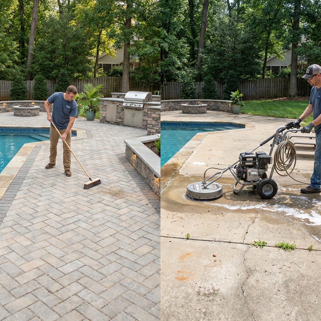 Custom hardscaped patio with travertine pavers surrounding an elegant swimming pool