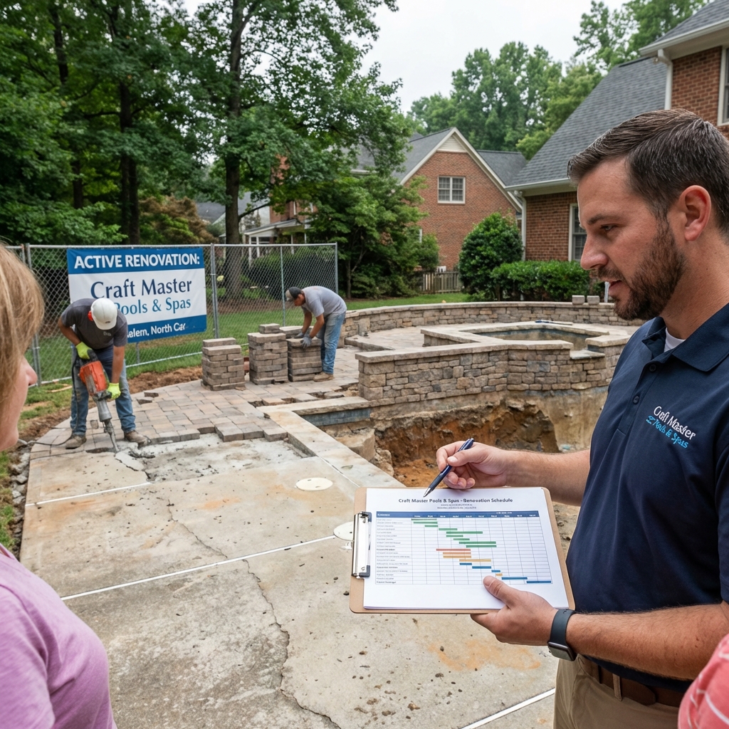 Beautiful hardscape patio renovation with natural stone surrounding a renovated pool