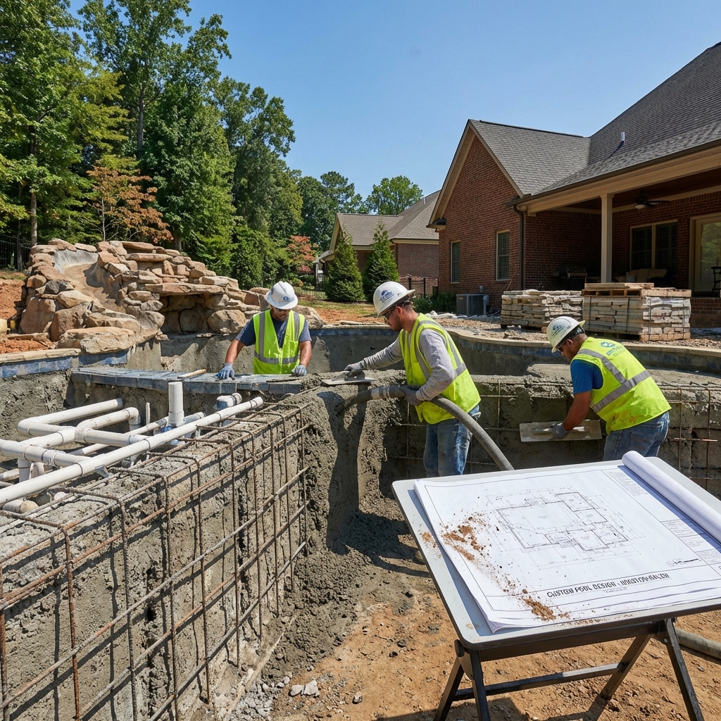 Professional pool construction crew working on a custom pool build with rebar and plumbing in a North Carolina backyard