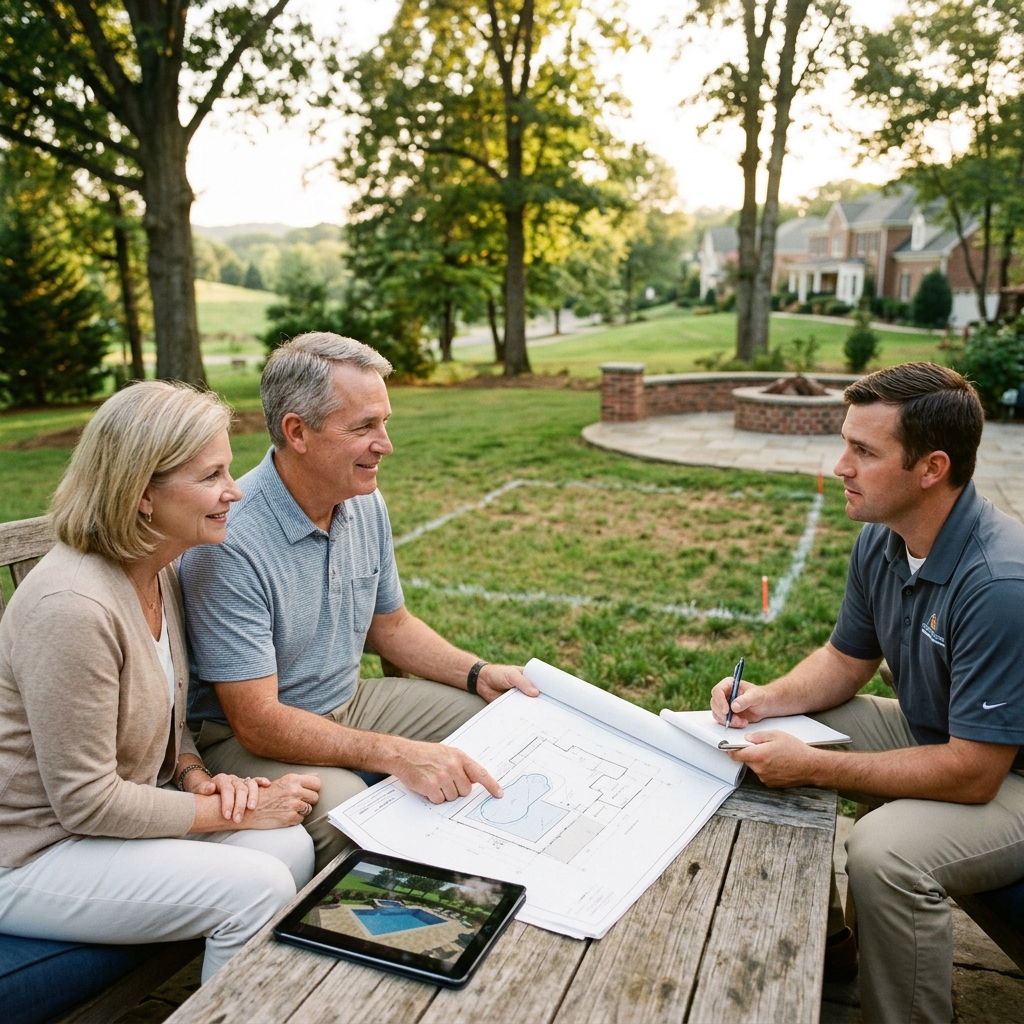 Winston-Salem couple discussing custom pool layout with a Craft Master designer beside a staked-out backyard site