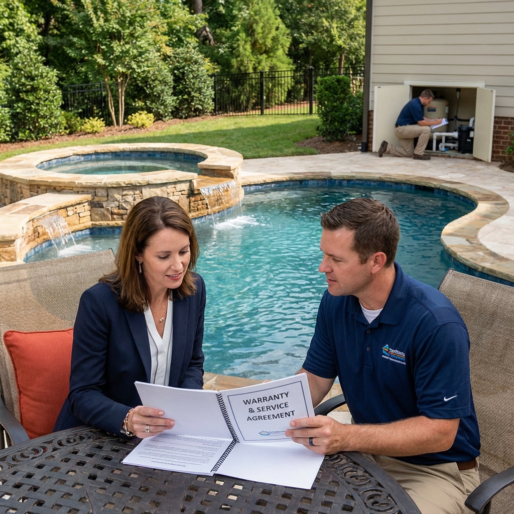 Homeowner reviewing warranty and service agreement with pool contractor