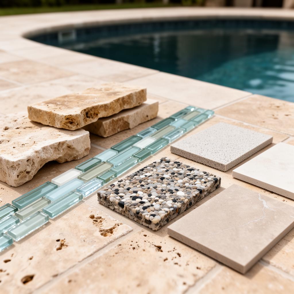 Premium pool construction materials including coping, tile, and finish samples on a pool deck