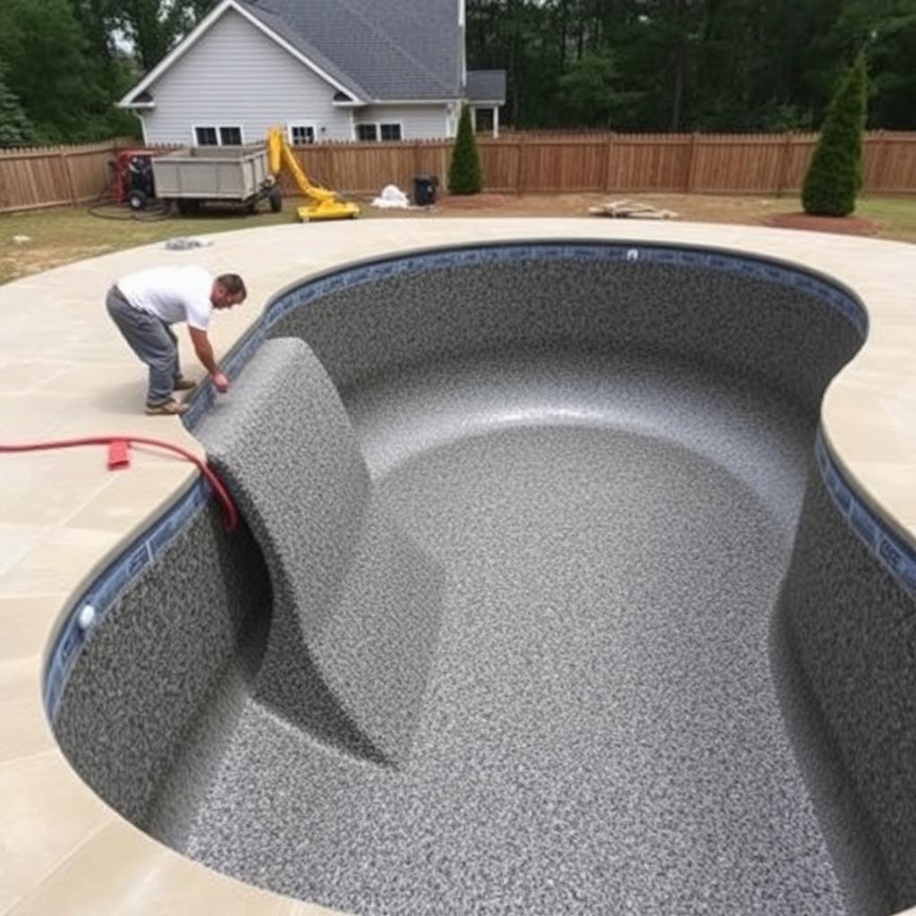 Pool renovation in progress with pebble finish application