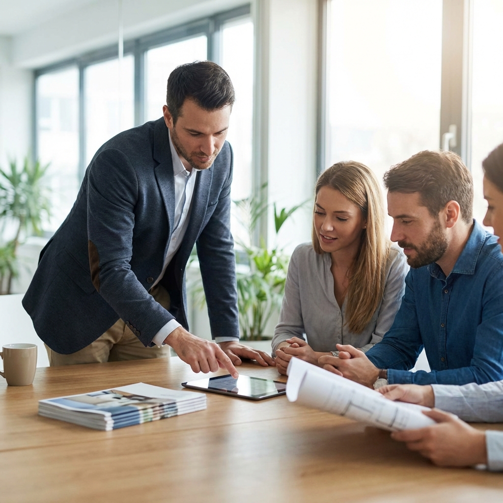 Team of pool professionals collaborating on construction plans and design specifications