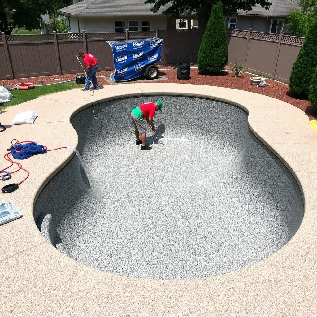 Pool renovation in progress with new pebble finish being applied to the shell