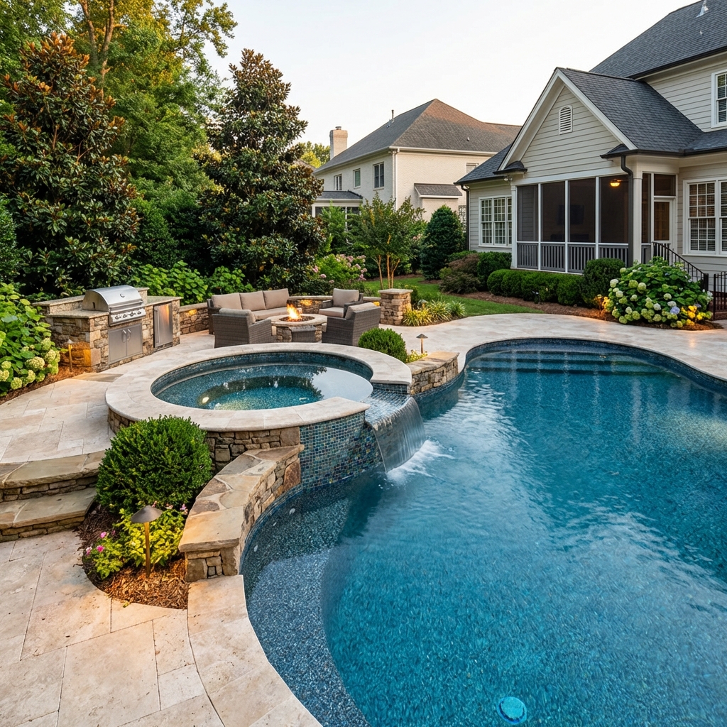 Resort-style pool with beach entry and integrated water features