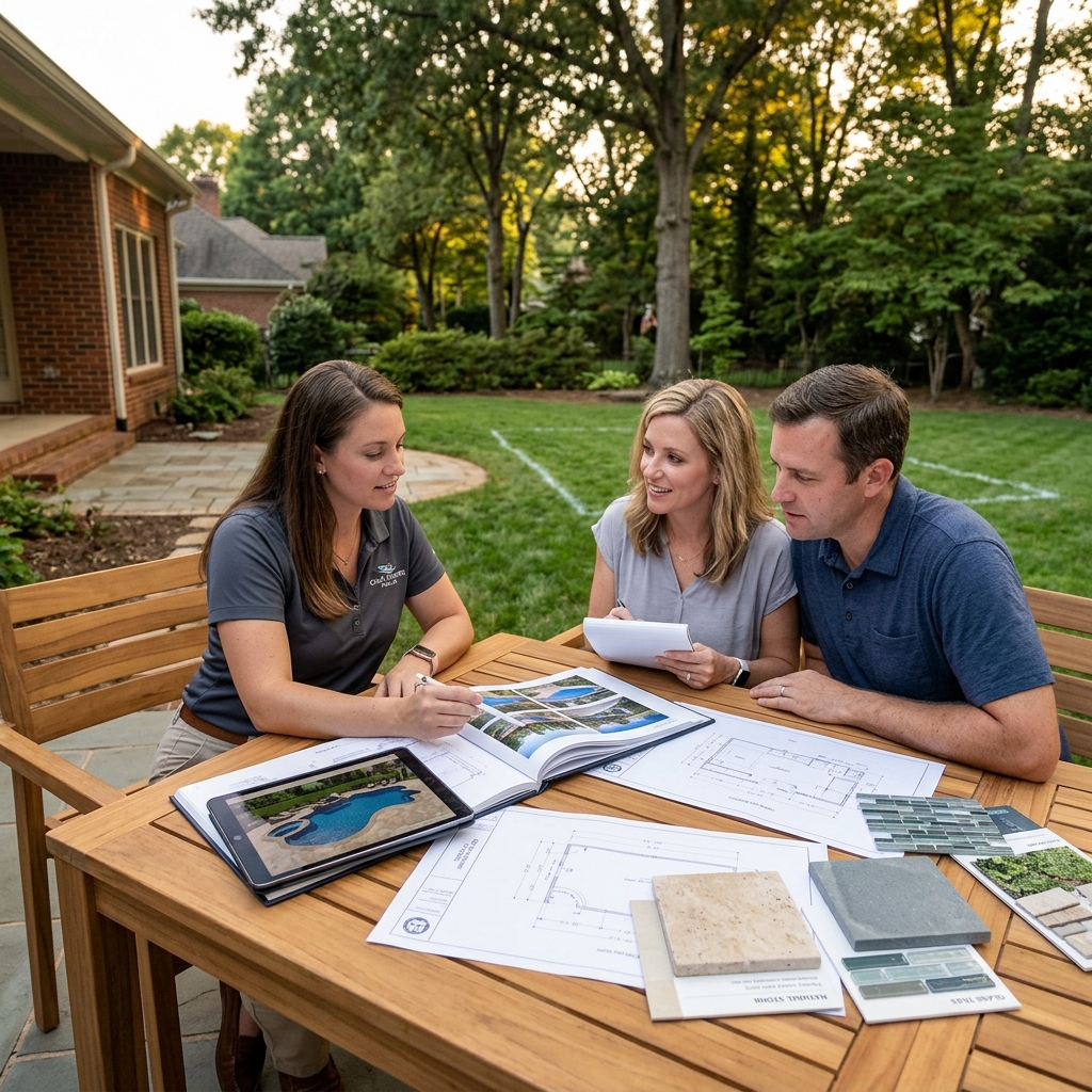 Craft Master designer reviewing materials, tile samples, and pool plans with homeowners at an outdoor table