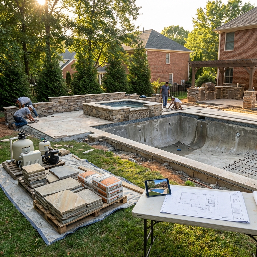Custom pool renovation with spa integration and modern hardscaping