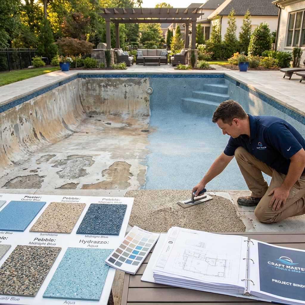 Pool contractor evaluating an aging concrete pool with a homeowner to determine resurfacing versus replacement options