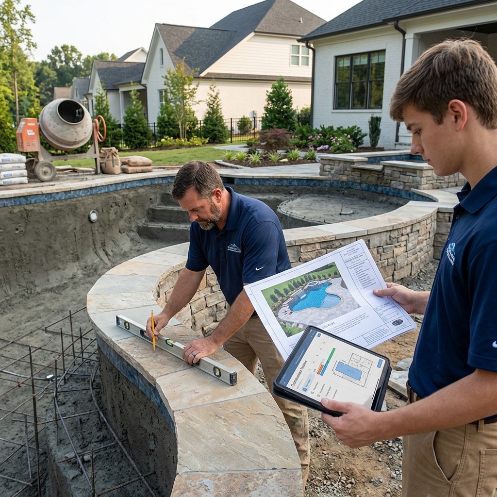 Craft Master Pools crew member checking stone coping levels on a partially completed gunite pool at a Charlotte-area residential build