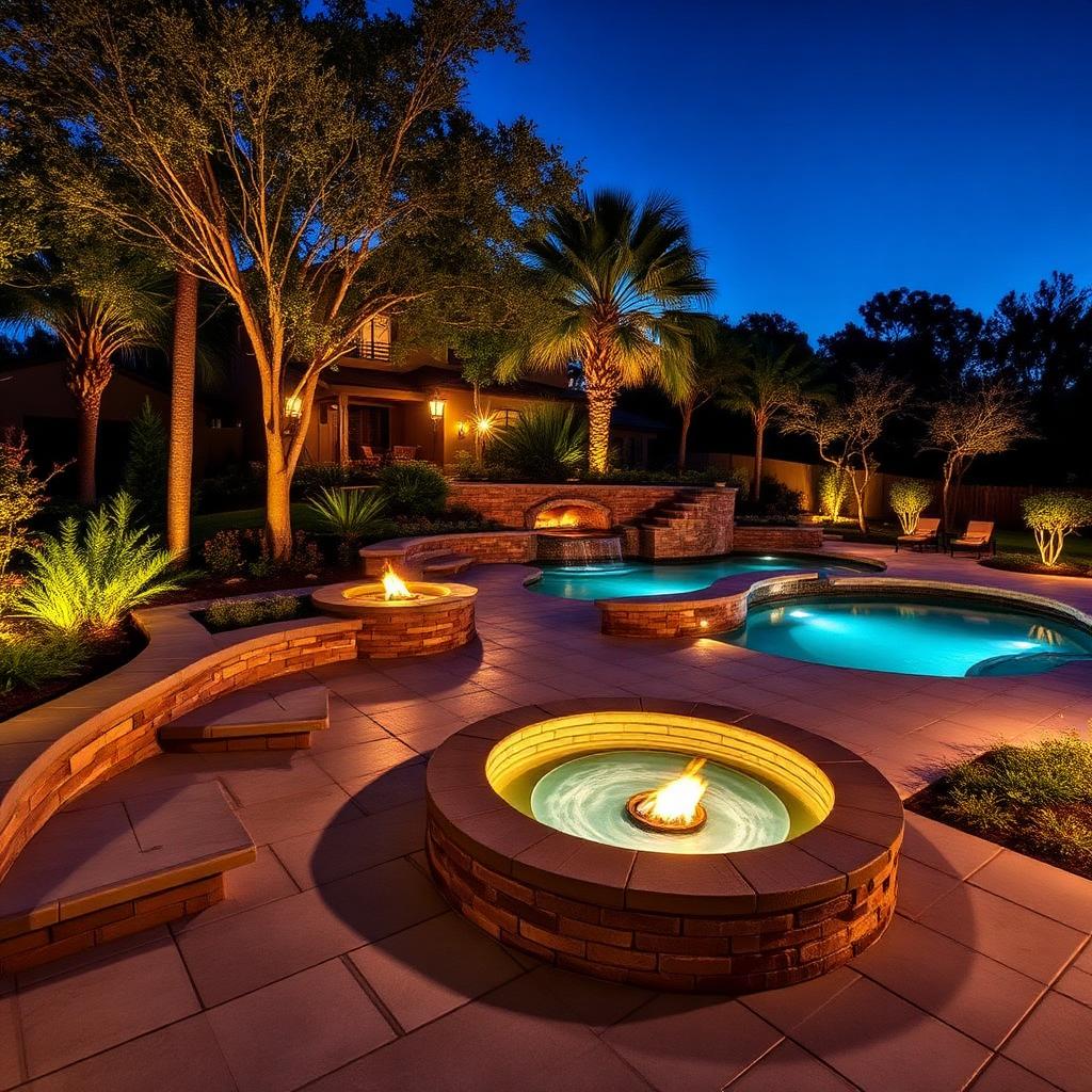 Elegant integrated spa and hardscape design with fire features and evening lighting