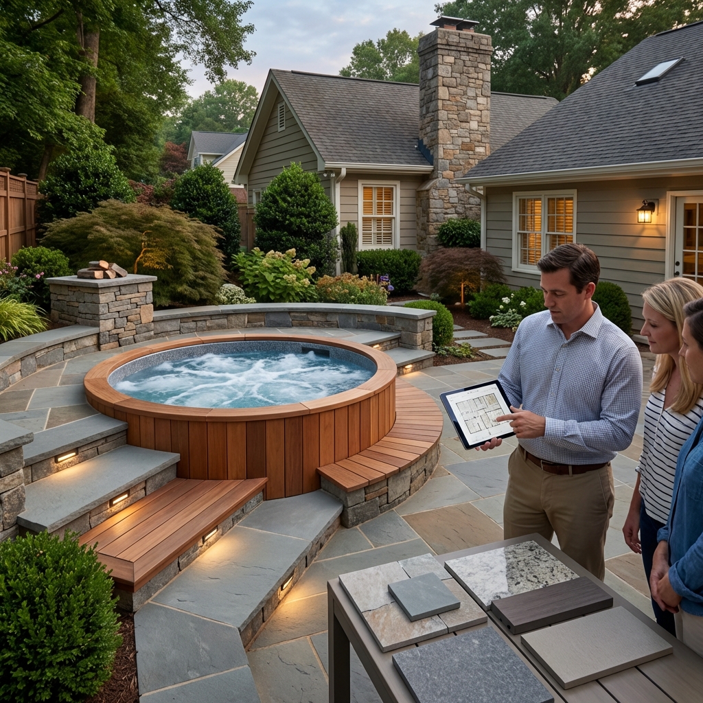 Custom hardscape design with integrated seating and spa surround