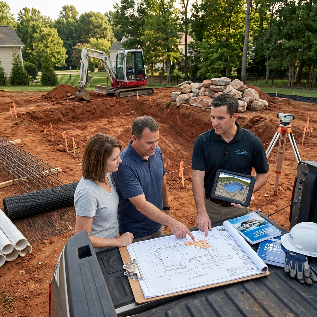 Charlotte-area homeowners reviewing pool design drawings with a Craft Master Pools specialist beside an active excavation in the Piedmont region
