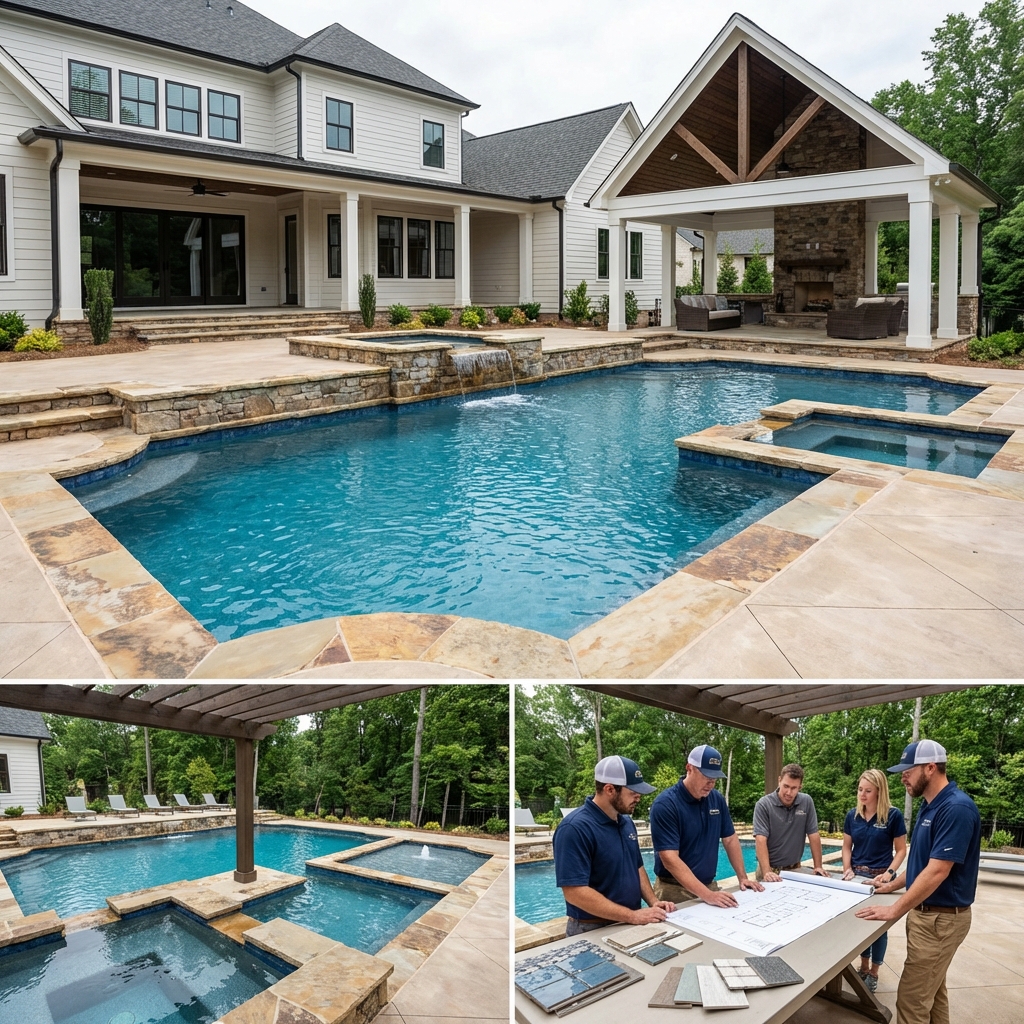 Completed custom pool project with beautiful evening lighting and landscaping