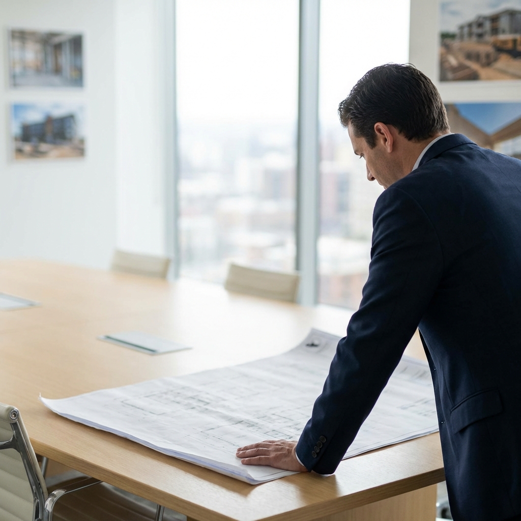 Professional pool contractor reviewing detailed construction blueprints and project specifications