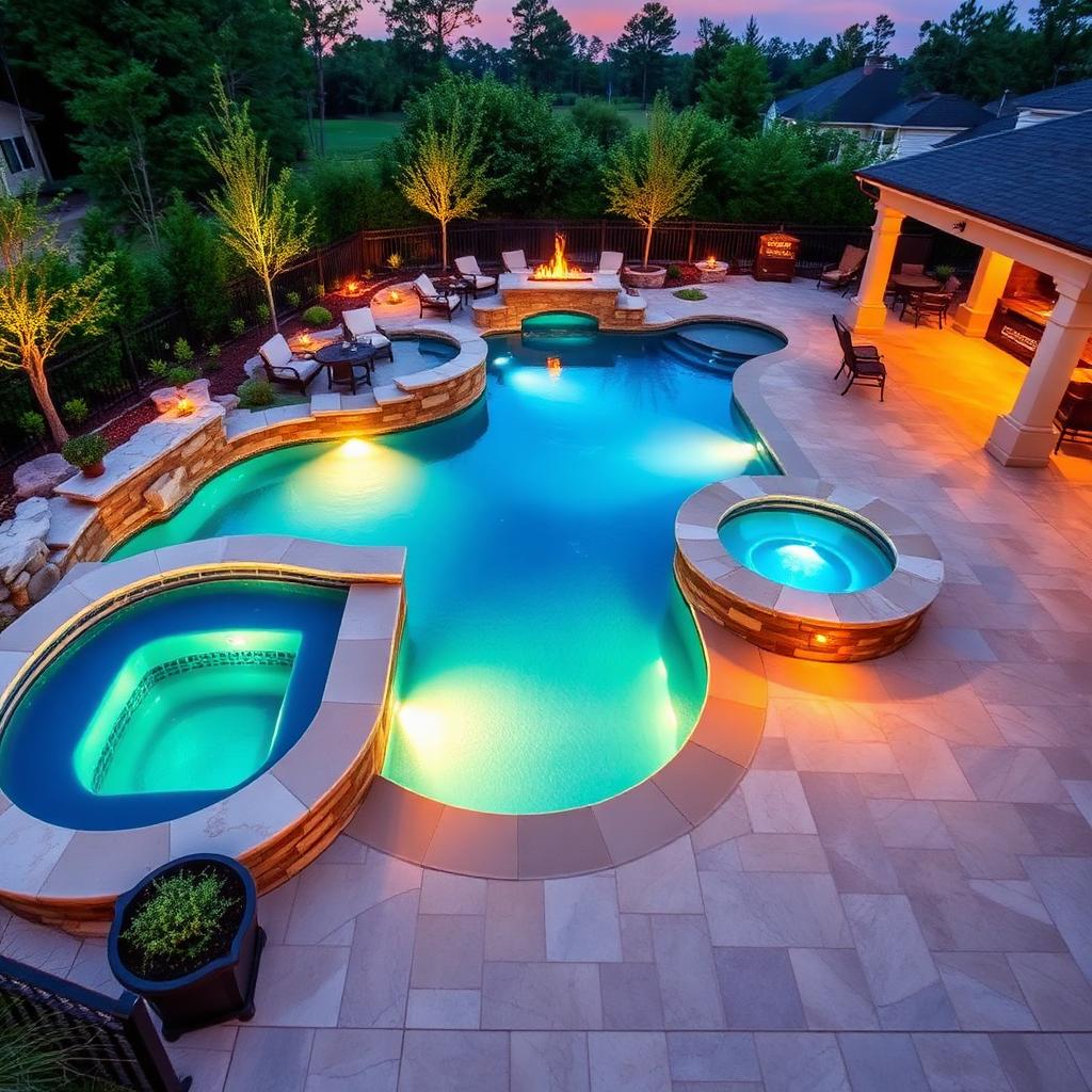 Completed luxury pool with integrated spa, outdoor kitchen, and LED lighting at dusk