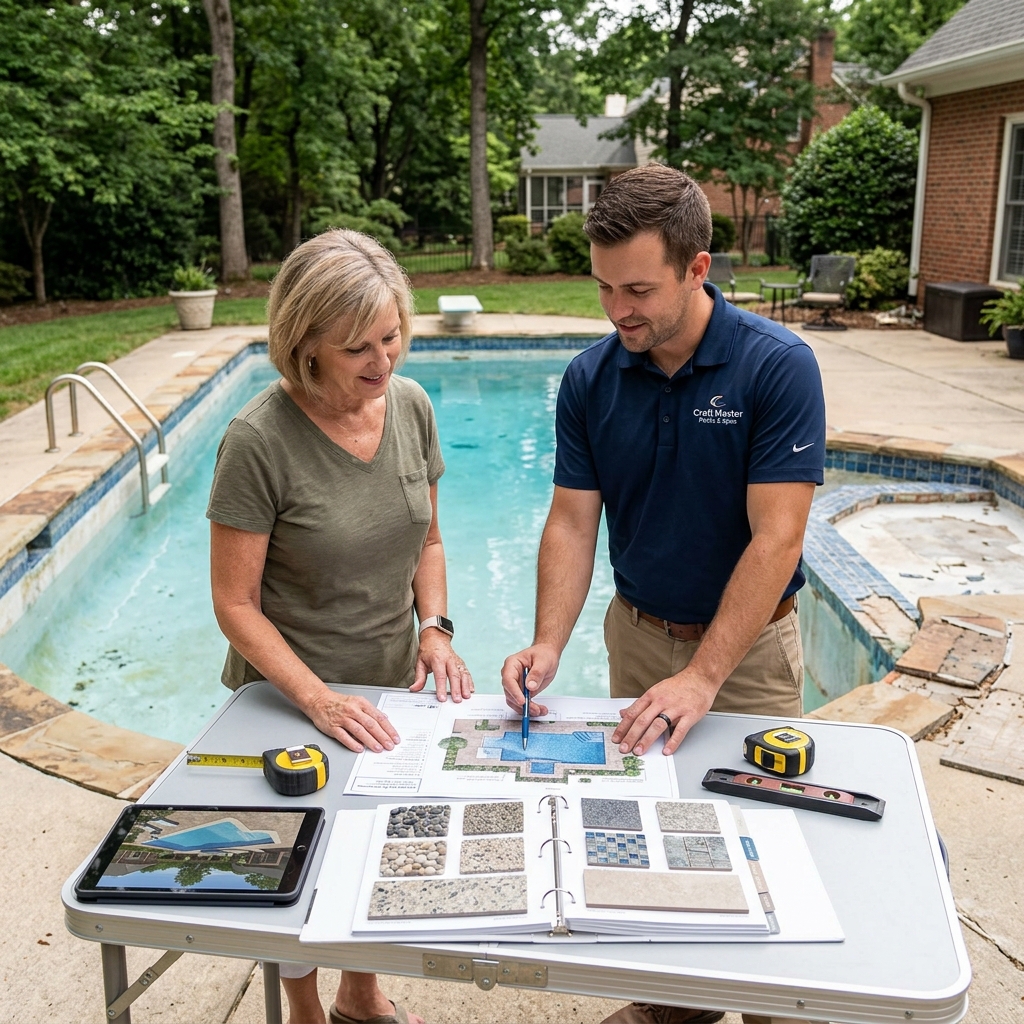 Craft Master designer reviewing renovation plans and finish samples with a Winston-Salem homeowner poolside