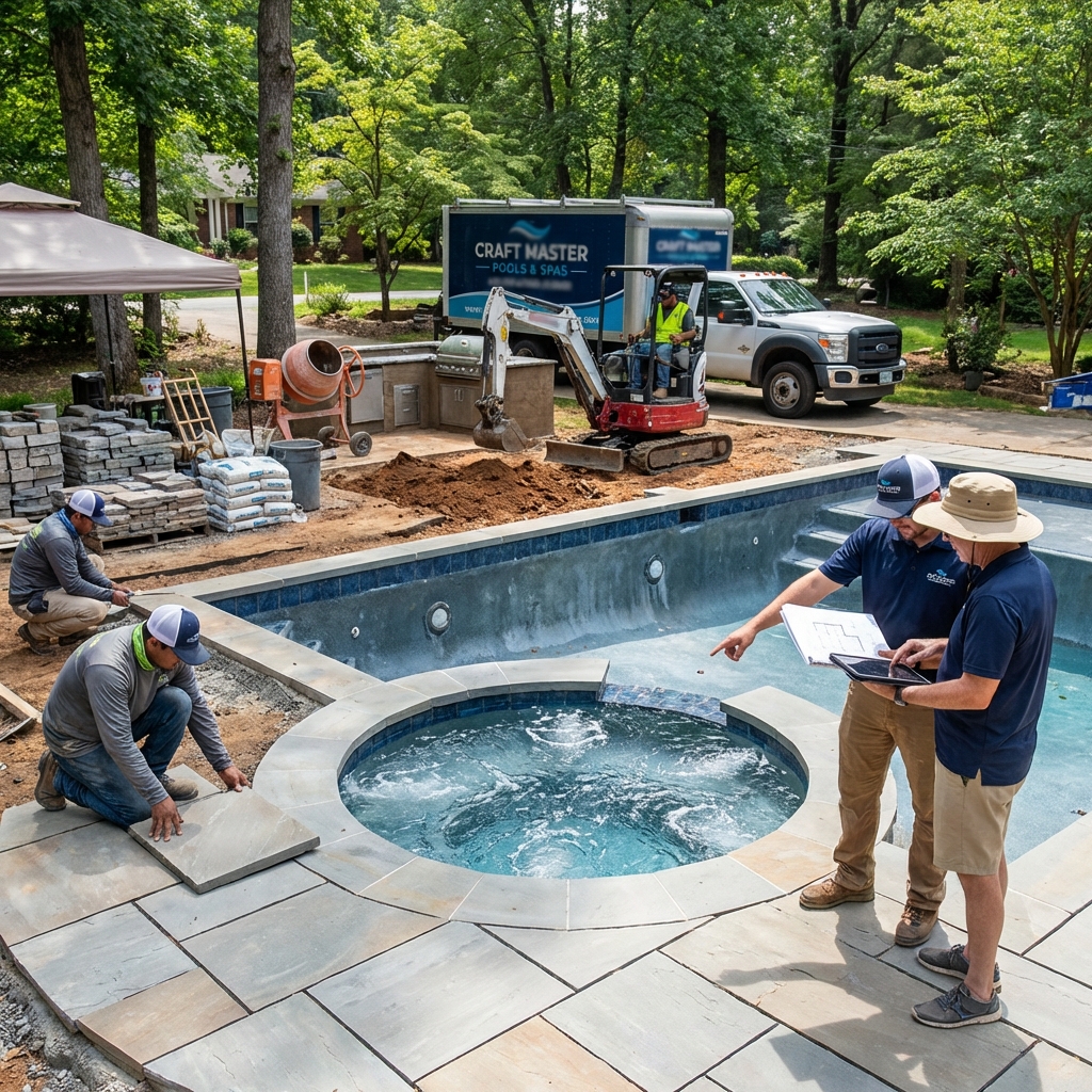 Completed pool renovation with travertine deck and modern landscaping
