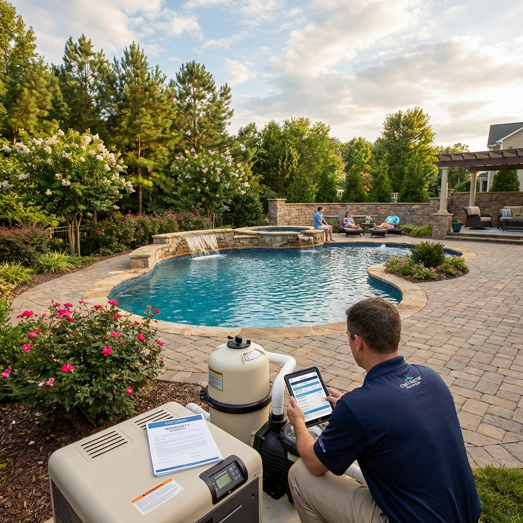 A pool technician with a tablet inspecting filtration and heating equipment beside a finished Charlotte backyard pool