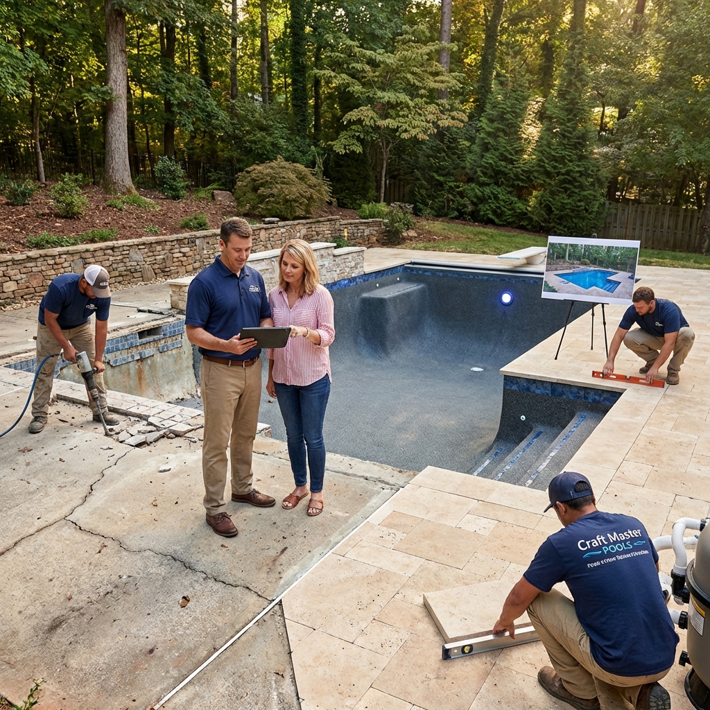 Completed luxury pool renovation with hardscaping in Denver, NC