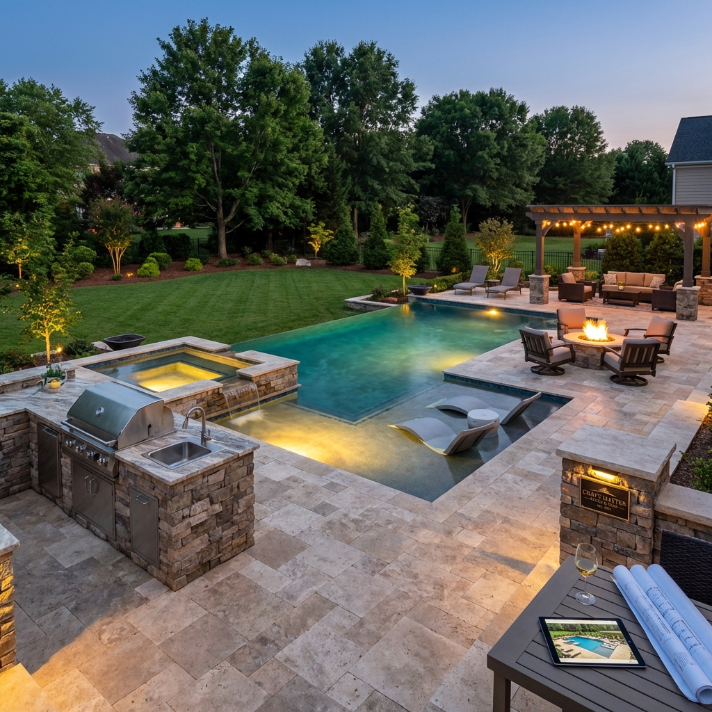 Charlotte backyard with custom pool, outdoor kitchen, and landscaping
