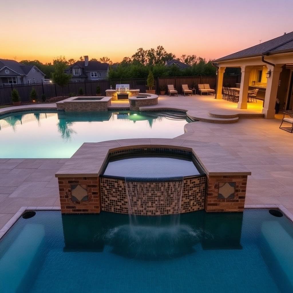 Completed luxury pool remodel with raised spa, travertine deck, and LED lighting at dusk