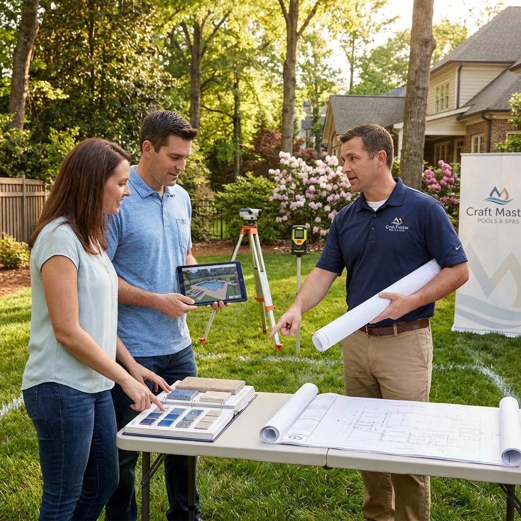 Design consultation with homeowners reviewing pool blueprints and material samples outdoors
