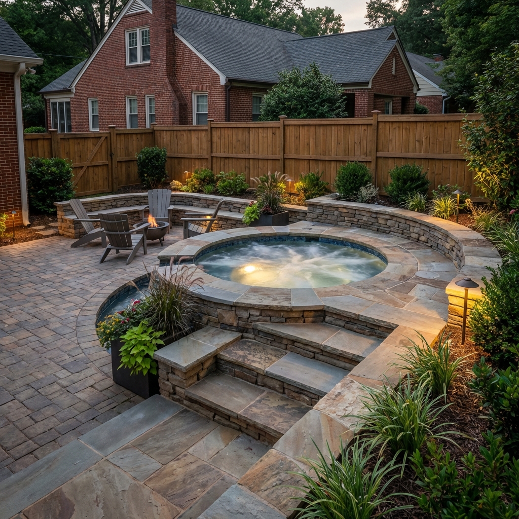Finished luxury spa retreat with evening lighting and hardscape zoning