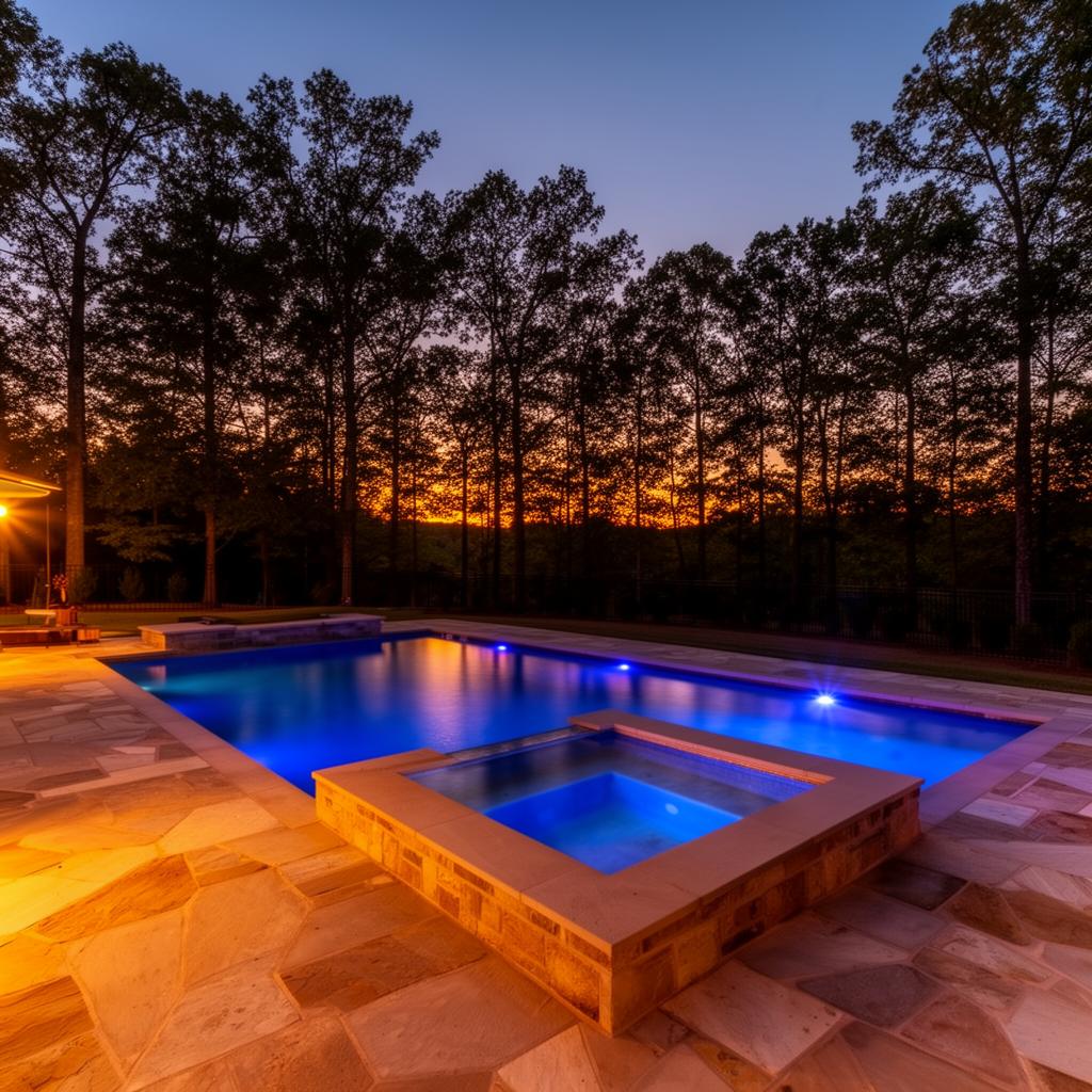 Completed luxury custom pool with integrated spa and LED lighting at dusk in a Charlotte backyard