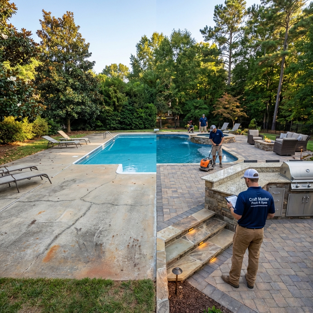 Professional hardscaped pool deck with multiple material zones and elegant outdoor furniture